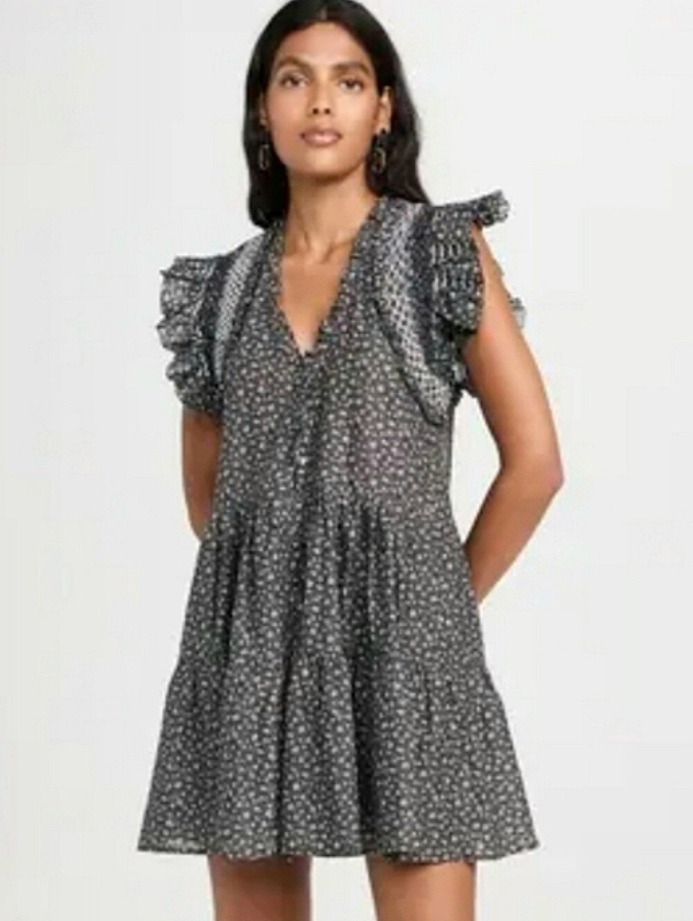 Sea New York Black Floral Tiered Mini Dress XS NWT Flutter Sleeve Babydoll Boho